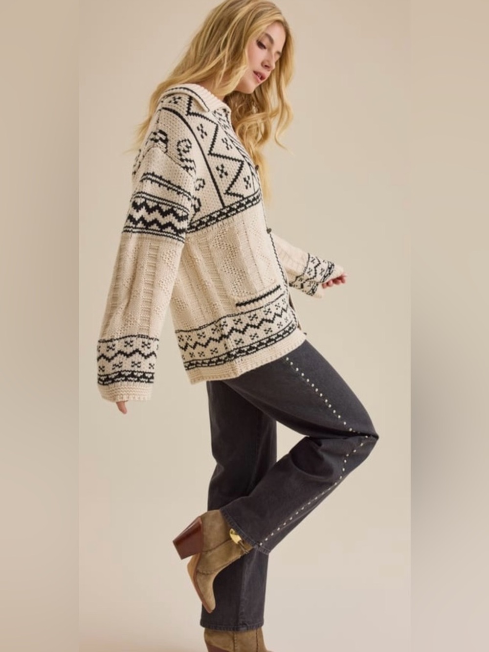 Altar'd State Naya Fair Isle Cardigan Cream Black Chunky Knit - Picture 7 of 10